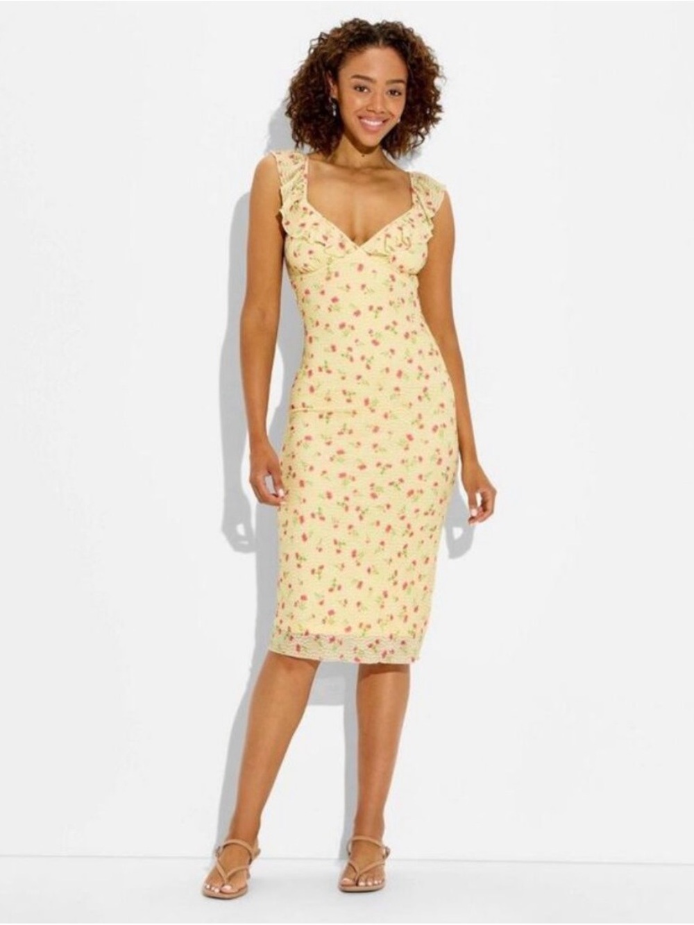 wild fable Yellow Floral Ruffle-Trim Midi Dress